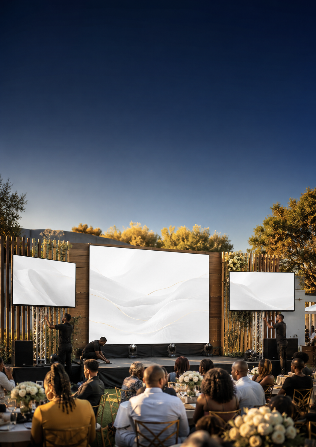 Illustration of large event screens and an outdoor gathering